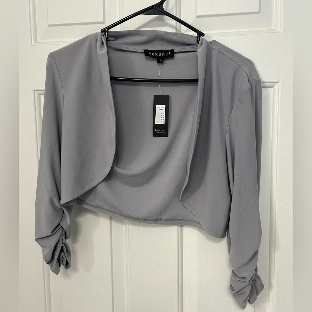 Rekucci Women's Soft Knit Stretch Bolero Shrug with Ruched Sleeves - Silver/Grey